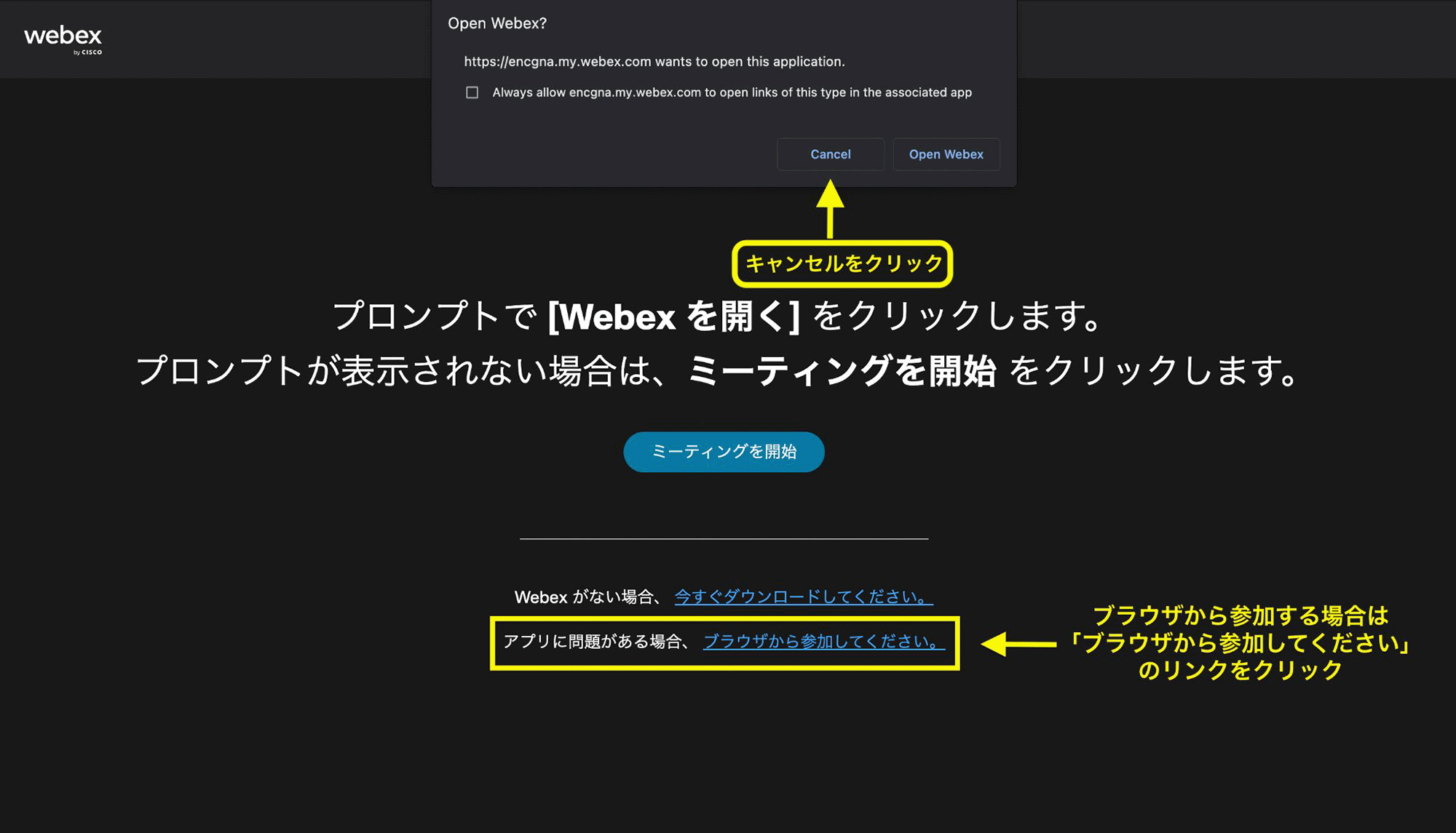 「ブラウザから参加して下さい」のリンクをクリック